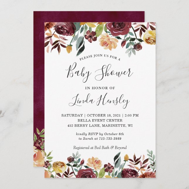 Burgundy Peach Guld Garden Blommigt Fall Baby Show Inbjudningar (Fram/baksida)