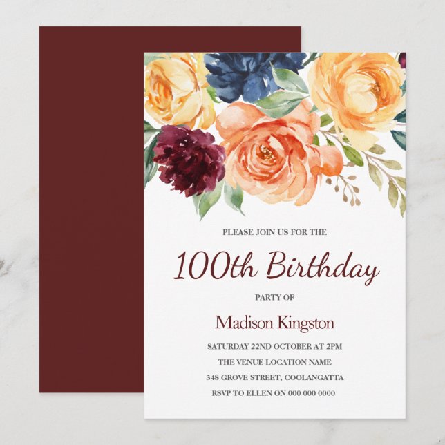 Burgundy Peach Navy Blommigt 100 Birthday Inbjudningar (Fram/baksida)
