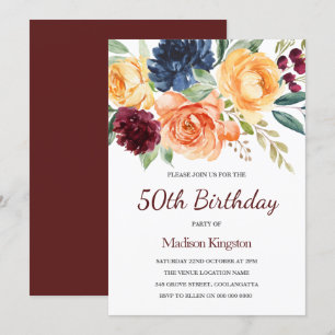 Burgundy & Peach Watercolor Blommigt 50:e födelsed Inbjudningar