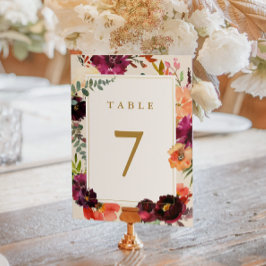 Burgundy + Peach Watercolor Blommigt Bröllop Bordsnummer
