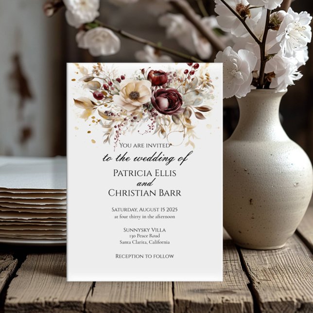 Burgundy peonies elegant bröllop inbjudan (Skapare uppladdad)