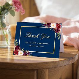 Burgundy Peony Blommigt Guld Navy Blue Tack Kort