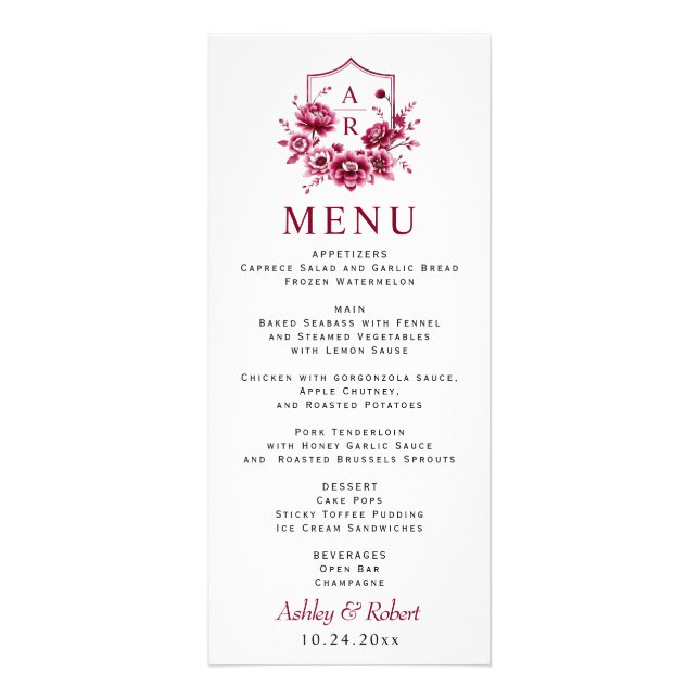 Burgundy peony-blommor bröllop blommigt-menykort reklamkort (Framsidan)