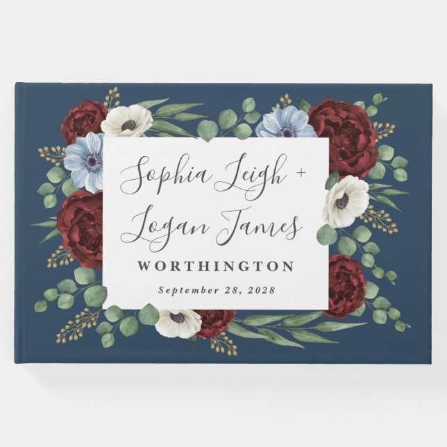 Burgundy Peony Dusty Blue Anemone Blommigt Bröllop Gästböcker (Framsida)
