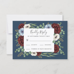 Burgundy Peony Dusty Blue Anemone Blommigt Bröllop OSA Kort