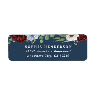 Burgundy Peony Dusty Blue Anemones Blommigt Bröllo Returadress Etikett