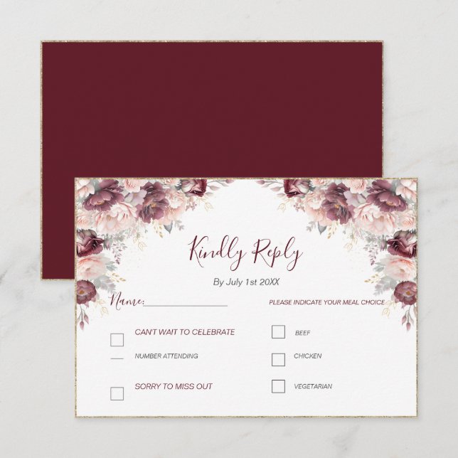 Burgundy  Peony och Ro Bröllop OSA Kort (Fram/baksida)