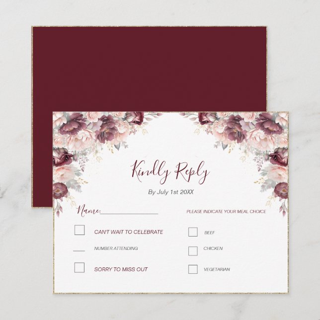 Burgundy  Peony och Ro Bröllop OSA Kort (Fram/baksida)