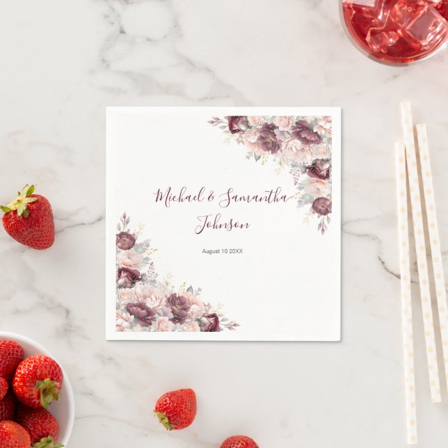 Burgundy  Peony och Ro Bröllop Pappersservett (Insitu)