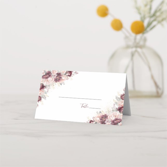 Burgundy  Peony och Ro Bröllop Placeringskort (Baksida)