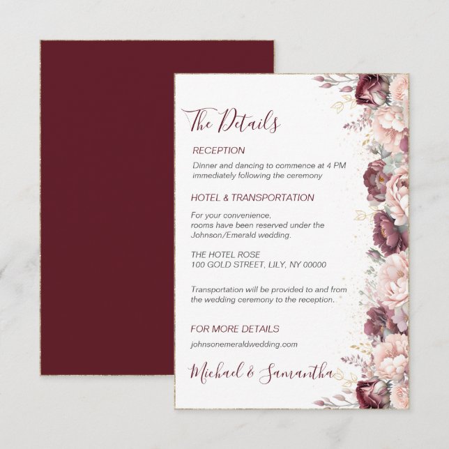 Burgundy  Peony och Ro Bröllop Tilläggskort (Fram/baksida)