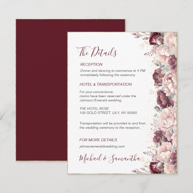 Burgundy  Peony och Ro Bröllop Tilläggskort (Fram/baksida)