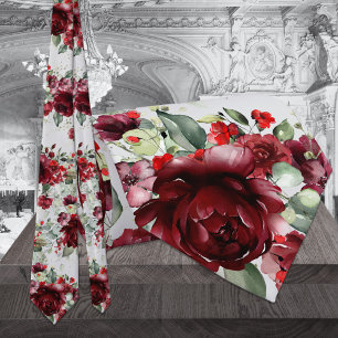 Burgundy Peony Silver Greenery Light Grått Bröllop Slips