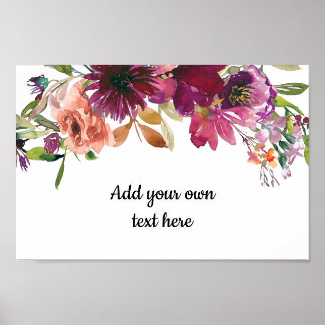 Burgundy Persika Akvarell Blommig  Din Egen Text Poster (Framsidan)