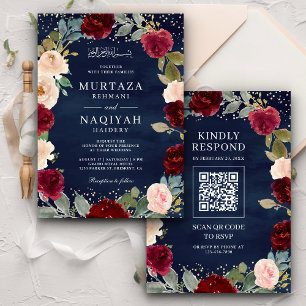 Burgundy Persika Blommig QR-kod Marin Muslim Bröll Inbjudningar