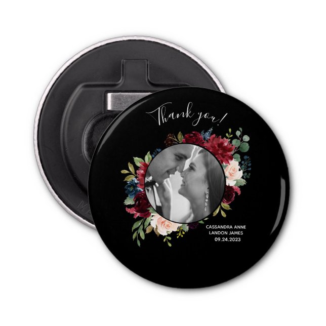  Burgundy Photo Blommigt Elegant bröllop Flasköppnare (Framsidan)