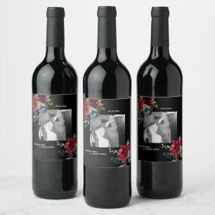  Burgundy Photo Blommigt Elegant Vattenfärg Vinflaska Etikett