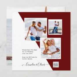 Burgundy PHOTO-bröllopsinbjudan QR-kod Spara datum Inbjudningar