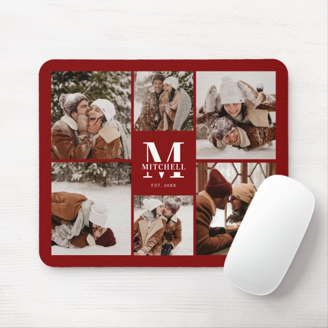 Burgundy Photo Collage Personlig Monogram Gift Musmatta (Med mus)