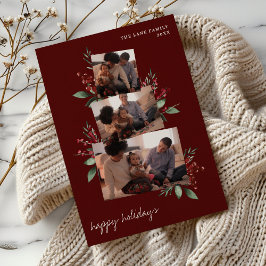 Burgundy Photo Collage with Berries and Greenery Julkort