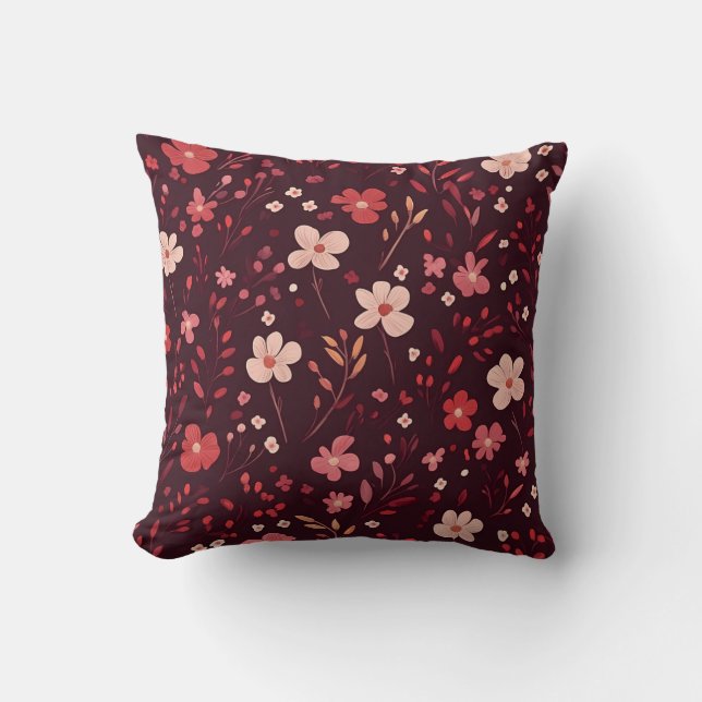 Burgundy Pillow med Rosa och vitt Blommönster Kudde (Framsida)