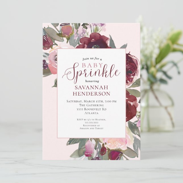 Burgundy Pink Floral for Girl Sprinkle Baby Shower Inbjudningar (Stående Fram)