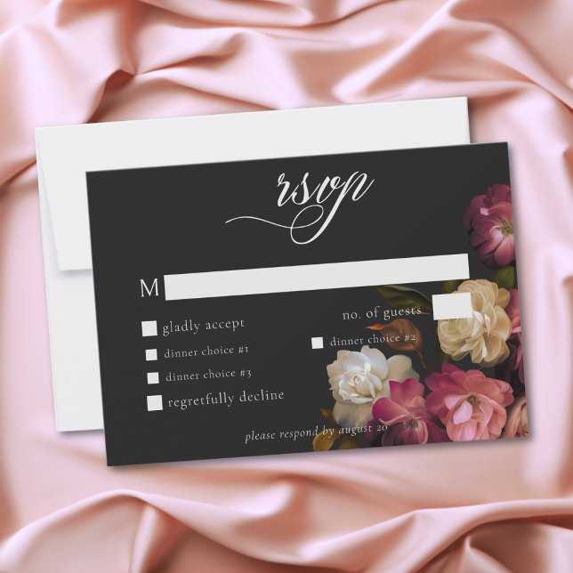 Burgundy & Pink Romantic Rose Black Moody Wedding OSA Kort (Burgundy & Pink Romantic Rose Black Moody Wedding RSVP Card)