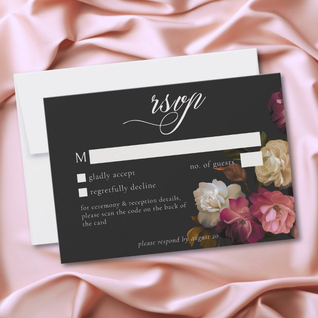 Burgundy Pink Romantic Rose Black Moody Wedding QR OSA Kort (Burgundy & Pink Romantic Rose Black Moody Wedding QR RSVP Card)
