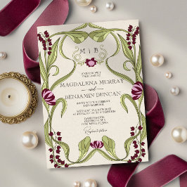 Burgundy Pink Vintage Art Nouveau Floral Wedding Inbjudningar