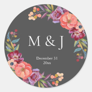Burgundy & plum Grått Elegant Tropical Monogram V2 Runt Klistermärke