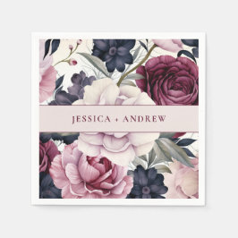 Burgundy Plum Lila Blommigt Watercolor Bröllop Pappersservett