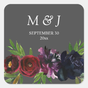 Burgundy Plum Navy Blommigt Monogram Grått Fyrkantigt Klistermärke