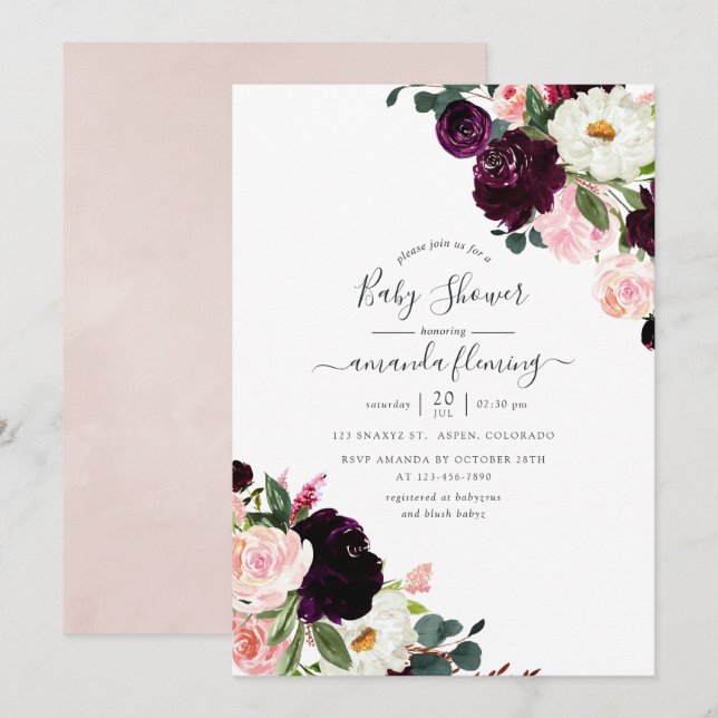 Burgundy Plum och  Rosa Baby Shower Inbjudningar (Fram/baksida)