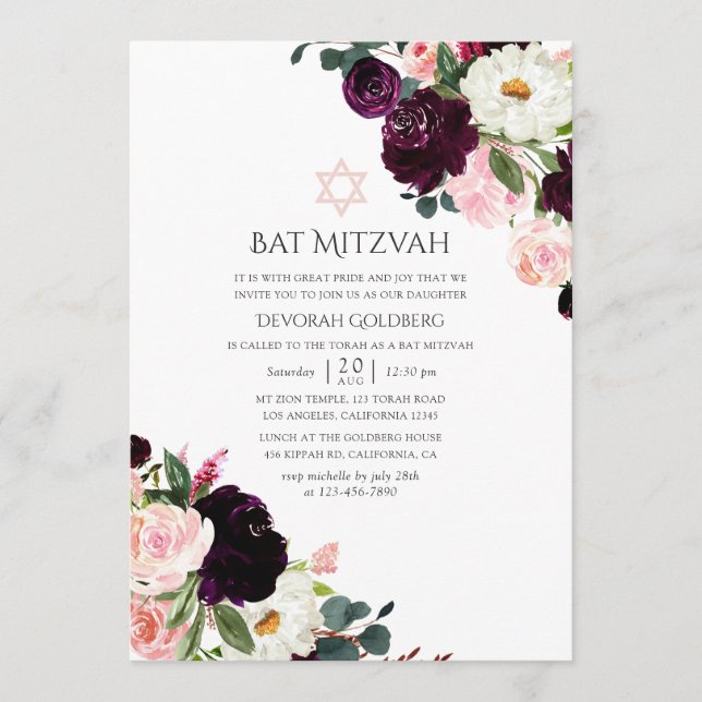 Burgundy Plum och  Rosa Bat mitzvah Inbjudningar (Framsida)