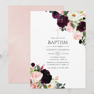 Burgundy Plum och Rosa Blommigt Baptism Inbjudningar