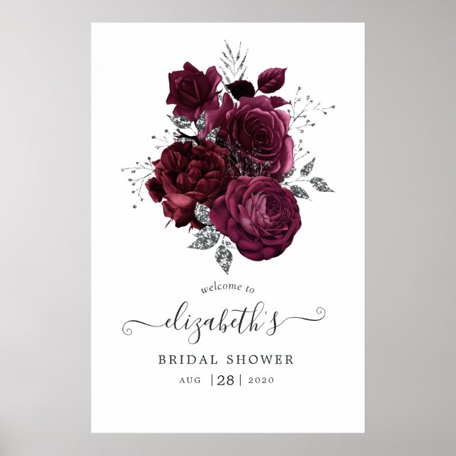 Burgundy Plum och Silver Blommigt Poster (Framsidan)