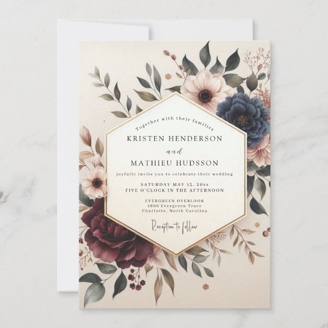 Burgundy Poetic Bloom Wedding Inbjudningar (Framsida)