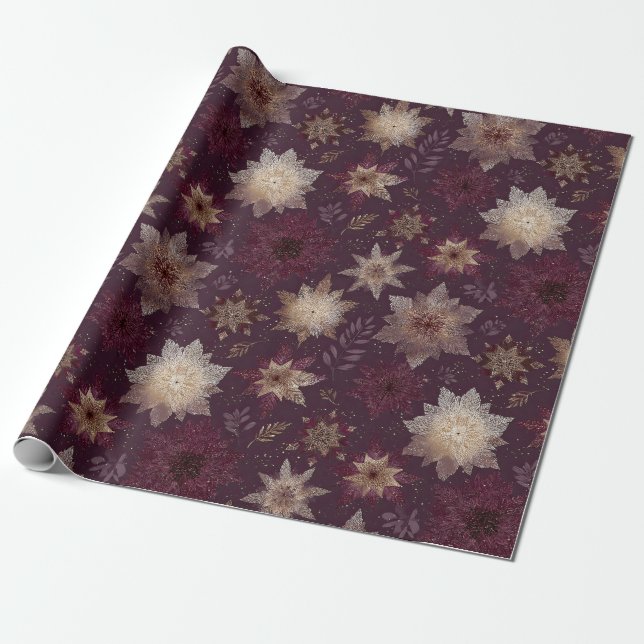 Burgundy Poinsettia Christmas Pattern (2) Presentpapper (Utrullad)