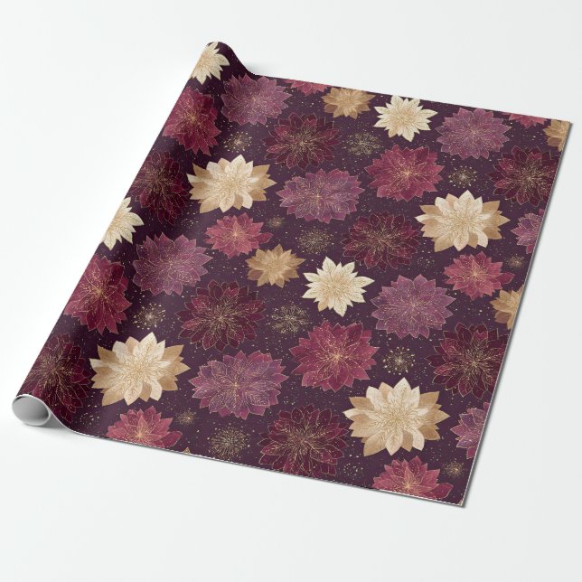 Burgundy Poinsettia Christmas Pattern (3) Presentpapper (Utrullad)