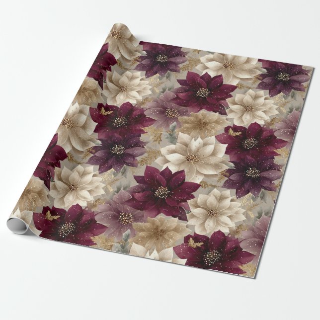 Burgundy Poinsettia Christmas Pattern (5) Presentpapper (Utrullad)
