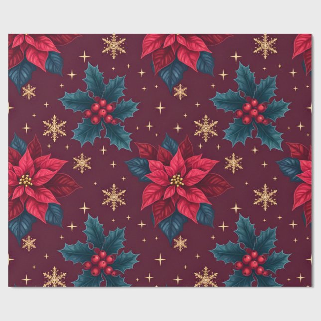 Burgundy Poinsettia & Gold Snowflake Dark Feminine Presentpapper (Platt)