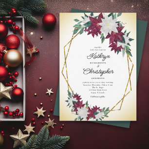 Burgundy Poinsettia Guld Ram jul Bröllop Inbjudningar
