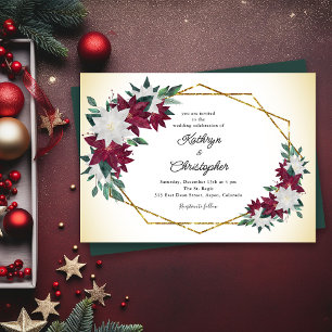 Burgundy Poinsettias Guld Ram jul Bröllop Inbjudningar