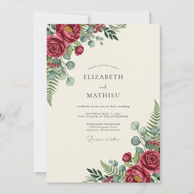 Burgundy Polished Botanical Wedding Inbjudningar (Framsida)
