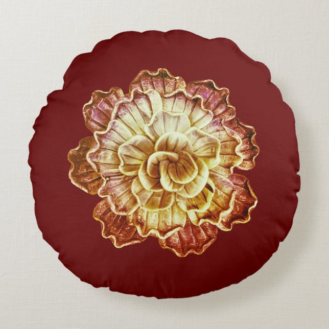 Burgundy (primär) & Cream Rosette Elegance Round Rund Kudde (Framsidan)