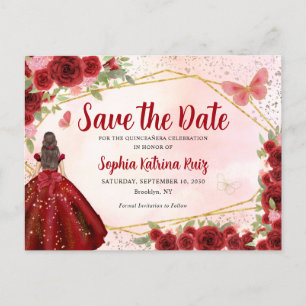 Burgundy Princess Blommigt Quinceañera Spara datum Vykort