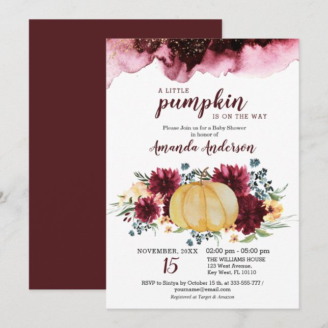 Burgundy Pumpkin Rustic Baby Shower-inbjudan Spara Datumet (Fram/baksida)