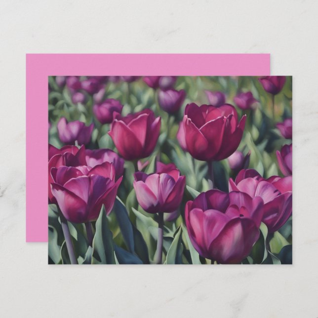 Burgundy Purple Tulip Flower Art Note Card Set Anteckningskort (Fram/baksida)