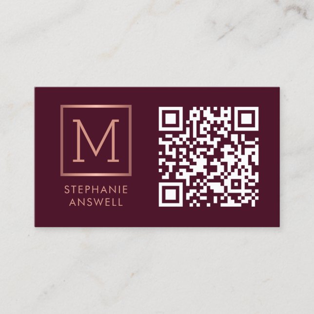 Burgundy QR Logotyp Monogram Ro Guld Visitkort (Framsida)