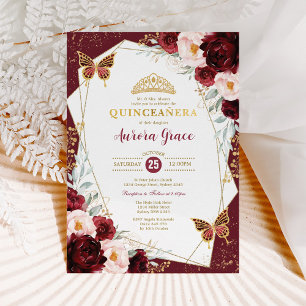 Burgundy Quinceañera Butterflies Mis Quince Inbjudningar